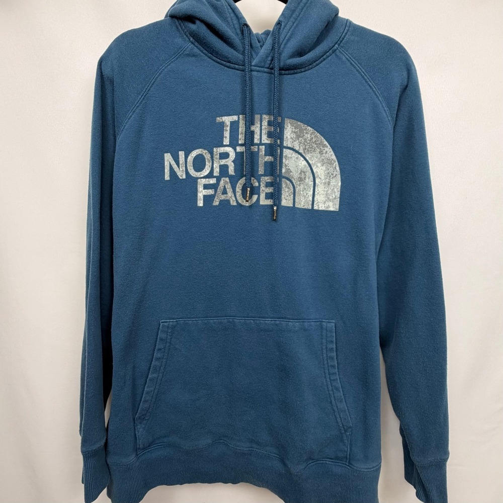 The North Face Womens XL Hoodie Blue Teal Distressed Graphic Logo Pullover